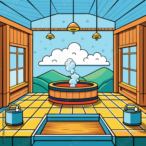 Cartoon spa room with wooden hot tub and rolling green hills view bathroom interior