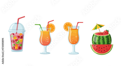 Fresh Fruit Cocktails and Watermelon Drink Vector Illustrations Perfect for Summer Vibes