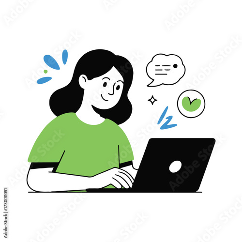 Vector art of a cheerful woman is working on her laptop, she is typing and communicating with others, feeling happy and productive