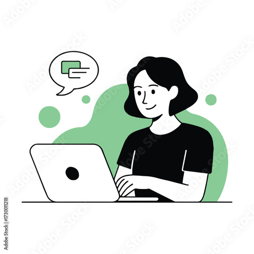 Vector art of a woman is chatting on her laptop, she is communicating with others, feeling happy and productive with her work
