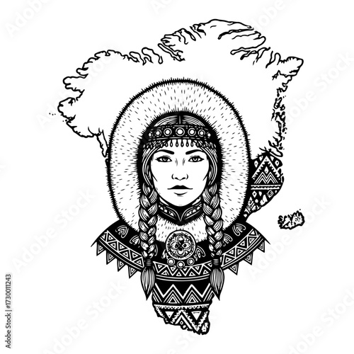 Indigenous Inuit Woman on a Greenland Map