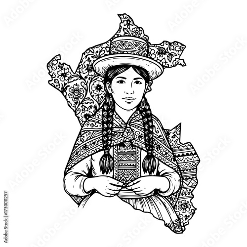 Peruvian Woman in Traditional Clothes on Peru Map