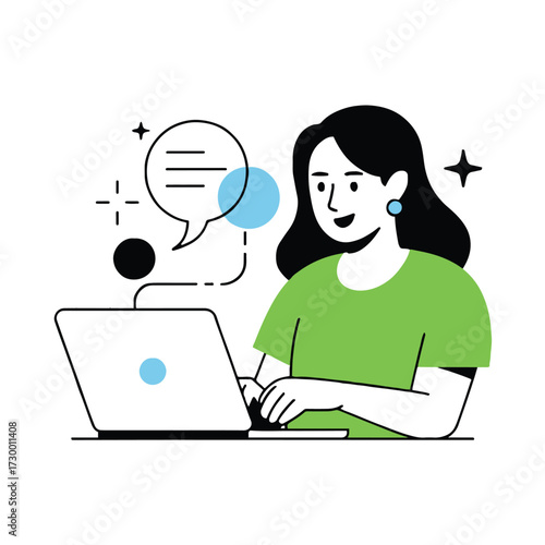 Vector art of a woman is working on her laptop, she is typing and communicating with others, she is wearing a green shirt and has black hair