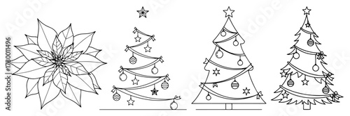 Christmas Tree and Poinsettia Flower Icon Collection