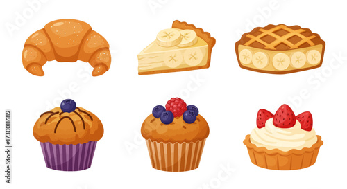 Delicious assorted baked goods including croissant, pie, muffins, and tart