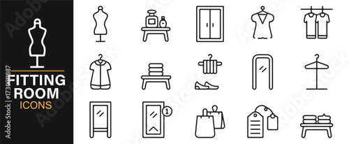 Retail fitting room icons – clothing hangers, mannequins, and mirrors in minimalist line art