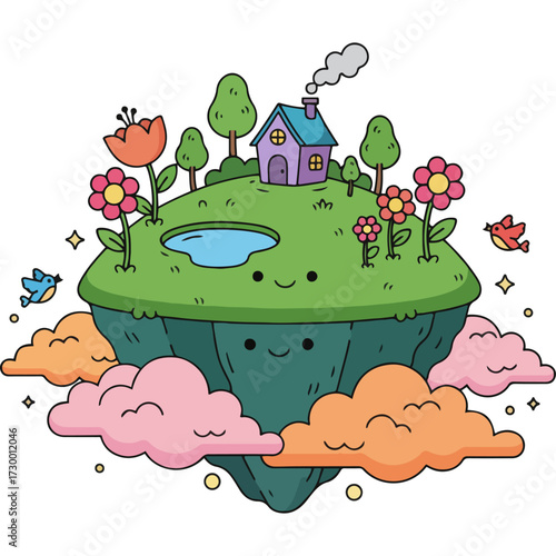 A beautiful dreamy landscape on a small floating island in the sky. This magical and peaceful scene with a beautiful face is a great graphic for projects related to imagination and creativity.