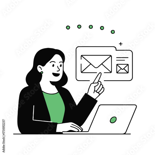 Vector art of a businesswoman is pointing at an email icon on her laptop, she is working on a new project