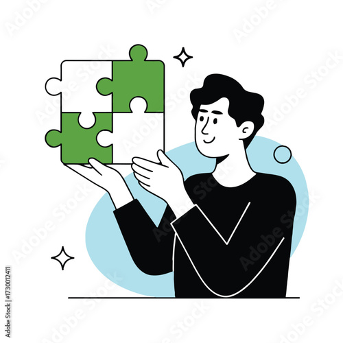 Vector art of a man holding a jigsaw puzzle concept of teamwork, cooperation, collaboration, and problemsolving in business and life