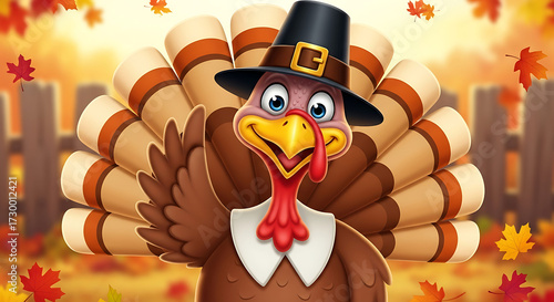 Cartoon turkey wearing a pilgrim hat in a fall themed background art