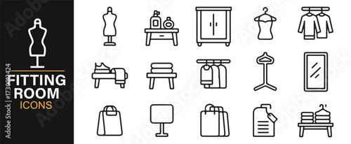 Fitting room icon set – dressing mannequins, wardrobes, hangers, and mirrors in line art style