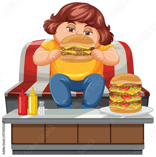 Child Eating Large Burger on Couch with Fast Food
