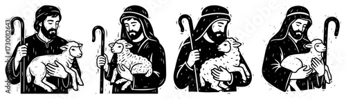 Set of Shepherds Holding a Lamb Illustrations