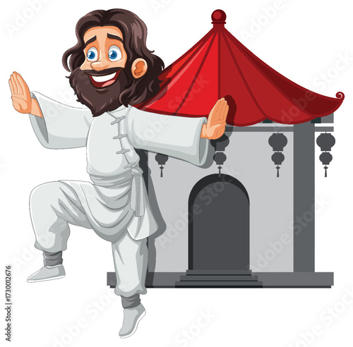 Cartoon Man Practicing Martial Arts Near Traditional Temple