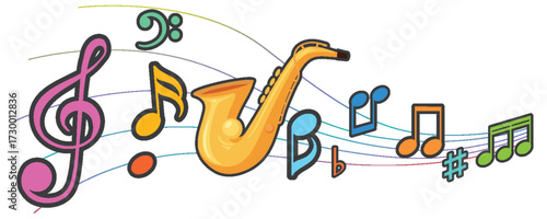 Colorful Saxophone and Musical Notes Vector Illustration
