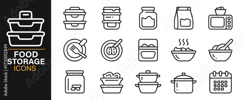 Household food storage icons – cooking pots, containers, and pantry organization illustrations