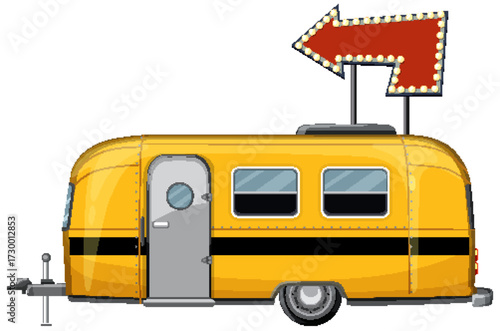 Retro Yellow Camper with Vintage Arrow Sign