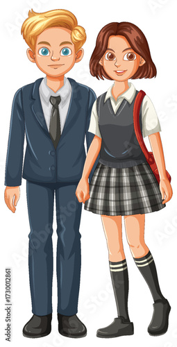 Smiling Schoolboy and Schoolgirl in Uniform Standing Together