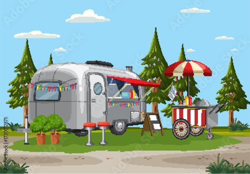 Retro Camper and Food Cart in Forest Setting