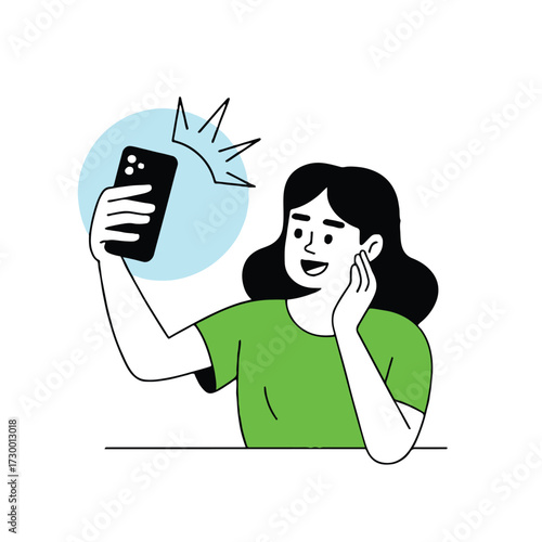 Vector art of a happy woman is taking a selfie with her smartphone, she is smiling and seems to be enjoying herself, holding the phone up