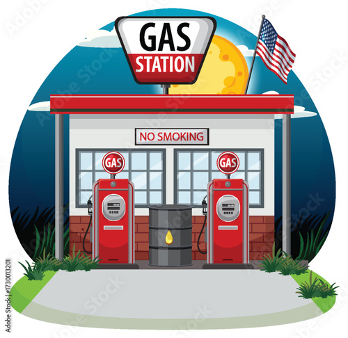 Retro Gas Station With American Flag at Night