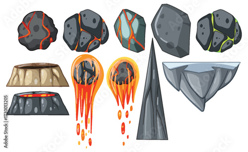 Vector Set of Volcanic Rocks, Meteors, and Lava Elements