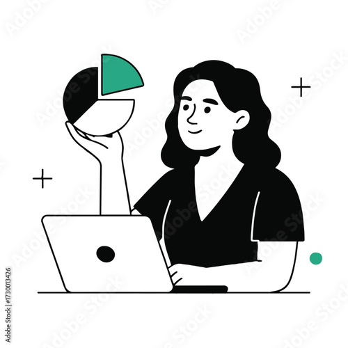 Vector art of a woman is presenting a pie chart on her laptop, she is smiling and seems to be confident in her presentation