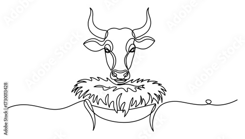 Ox or Bull in a Manger Nativity Scene in One Line Art