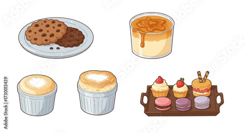 A collection of delicious dessert illustrations including cookies, macarons, cupcakes, soufflés, and a caramel dessert