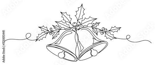 Christmas Bells with Holly in a Continuous One Line Drawing