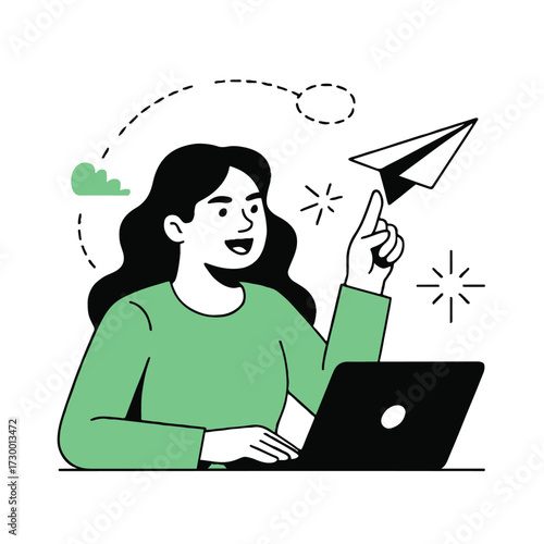 Vector art of a woman is working on a laptop and sending a paper plane, she is smiling and happy about her success in business