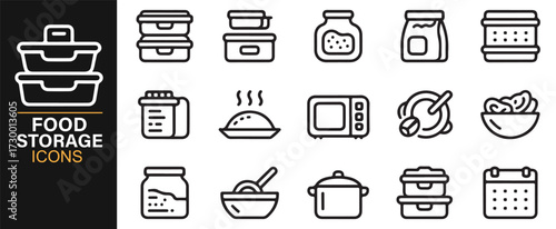 Kitchen food storage vector icons – pantry jars, meal prep boxes, and cooking utensils