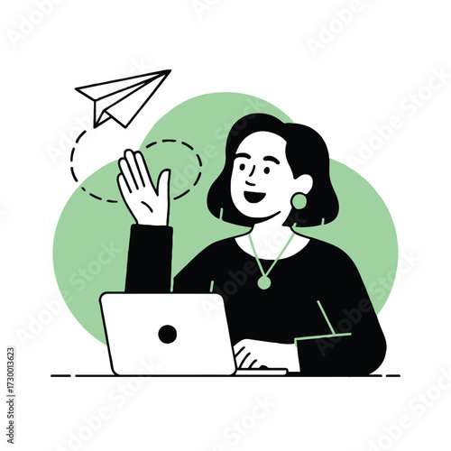 Vector art of a woman is working on a laptop and waving at a paper plane, she is smiling and happy about her success
