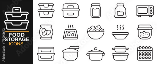 Food storage icon set – modern line art jars, bowls, pots, and containers for kitchen themes