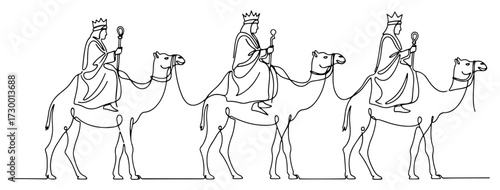 Three Wise Men riding camels, journey of the Magi. Christmas Nativity scene in a continuous one line drawing style. Vector illustration.