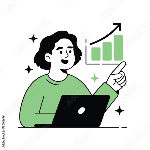 Vector art of a woman is working on a laptop and pointing at a graph showing growth, she is smiling and happy about her success