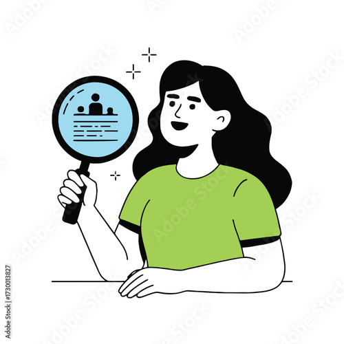 Vector art of a woman is holding a magnifying glass with job candidates inside, she is looking for a new employee for her company