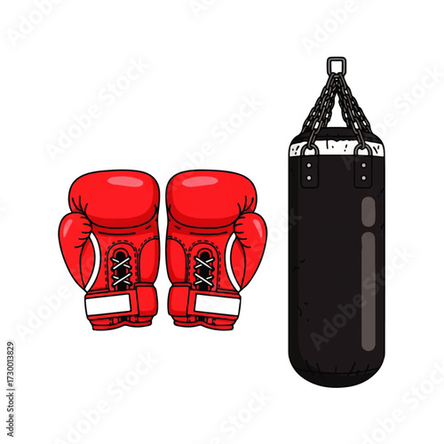 A cartoon illustration of red boxing gloves and a black punching bag, essential equipment for combat sports training and fitness