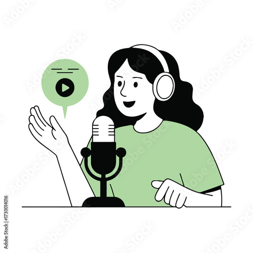 Vector art of a woman is recording a podcast with a microphone and headphones, she is sharing her thoughts and ideas with the world