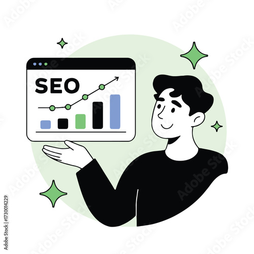 Vector art of a man presenting seo growth chart, showcasing data analysis, optimization, and digital marketing strategies for business success