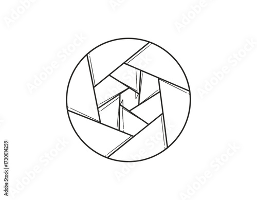 Minimalist vector illustration of a camera lens shutter with aperture blades. A simple black and white line art graphic for photography concepts