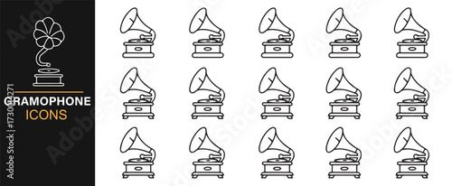 Retro gramophone icons – minimal vintage record player illustrations in black and white
