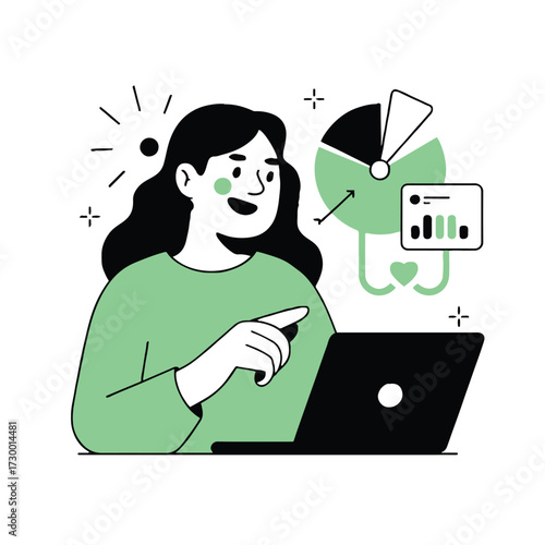 Vector art of a woman analyzing data on a laptop, showcasing business intelligence, analytics, and strategic decisionmaking for growth