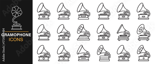 Vintage gramophone icons – classic phonograph and old audio device vector collection