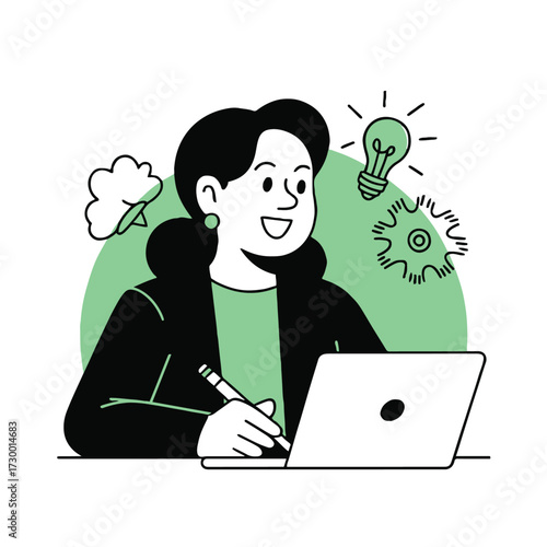 Vector art of a woman is working on her laptop and has a great idea, she is smiling and pointing at the light bulb that represents her idea