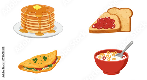 Delicious Breakfast Set featuring Pancakes, Toast with Jam, Omelette, and Cereal