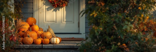 Autumnal scene with pumpkins decorating a porch near a white door and a fall wreath