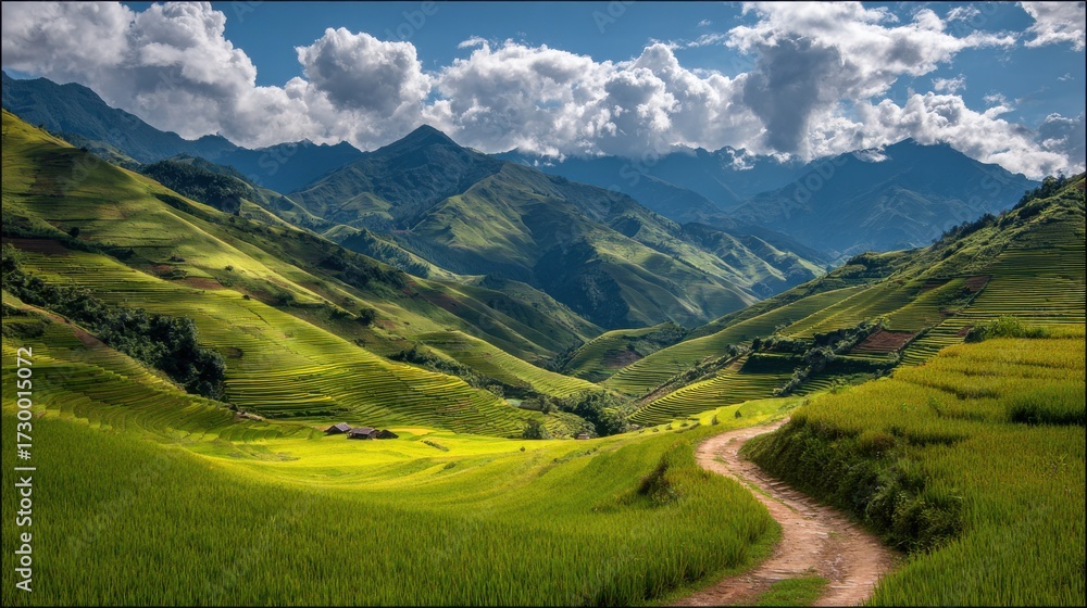 Fototapeta premium The image you sent features a stunning landscape of terraced rice paddies nestled amidst rolling mountains