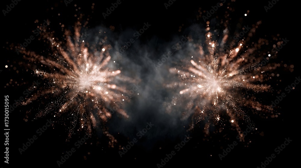 Fototapeta premium Two symmetrical bursts of bright orange fireworks explode against a dark night sky with smoke
