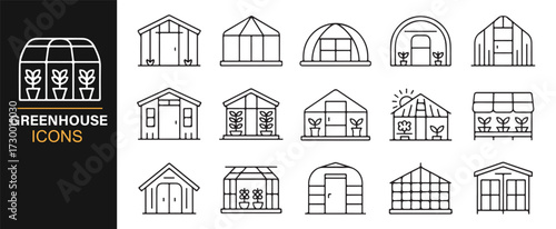 Collection of greenhouse line art – plant domes, eco structures, and horticulture icons